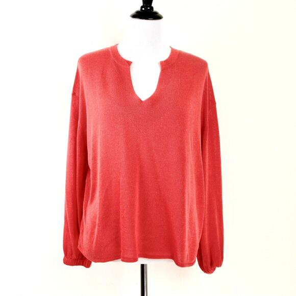 Zara Size M Tunic Split Neck Fine Knit Blouse Orange Blouson Sleeve - Picture 2 of 10